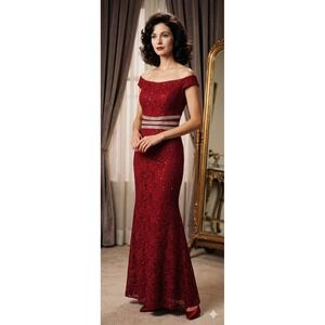 Vintage 90s La Scala Gown Women L Red Lace Sequin Off Shoulder Rhinestone Prom